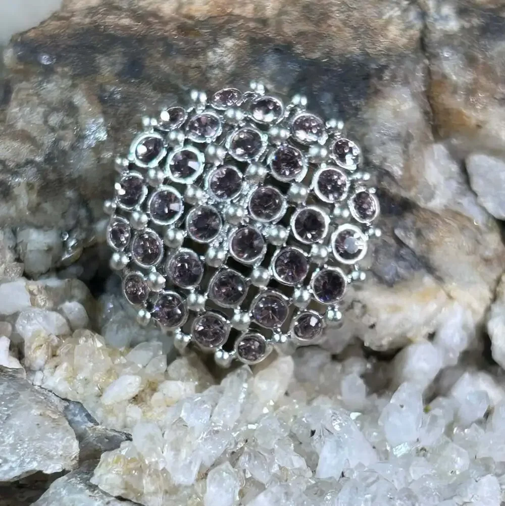 Pink Rhinestone 1 inch round silver tone button